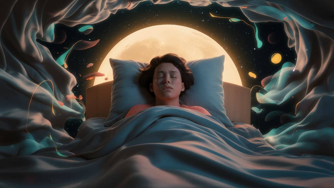 a stunning 3d render of a person lying on a bed deep sleep