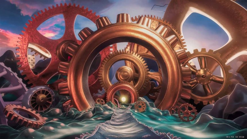 mechanical gears in a dream world
