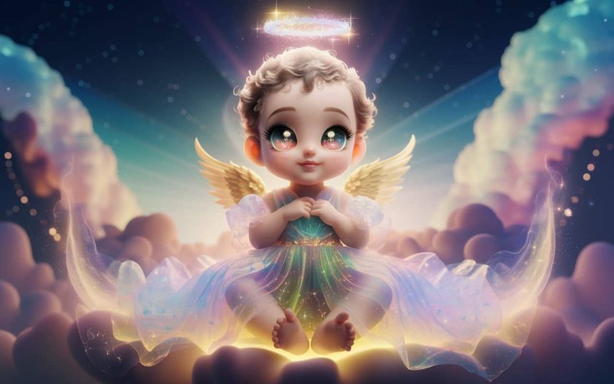 Angel child with wings and bright dress.