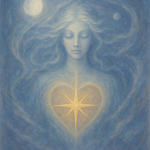 Femminilità con cuore luminoso in blu etereo