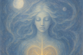 Femminilità con cuore luminoso in blu etereo